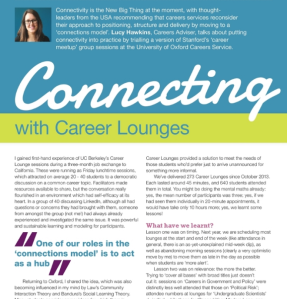 Snapshot of Phoenix magazine article page one showing title 'connecting with Career Lounges' and first paragraphs.